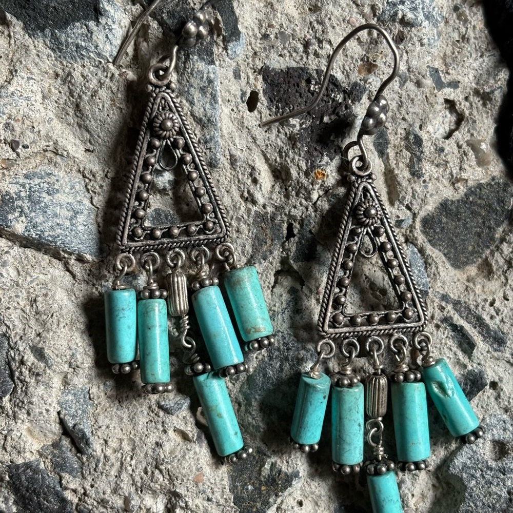 Vintage Sterling Silver Turquoise Ornate Earrings